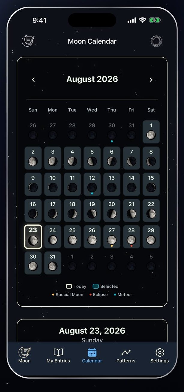 Moon-Journal calendar with moon phases and celestial events