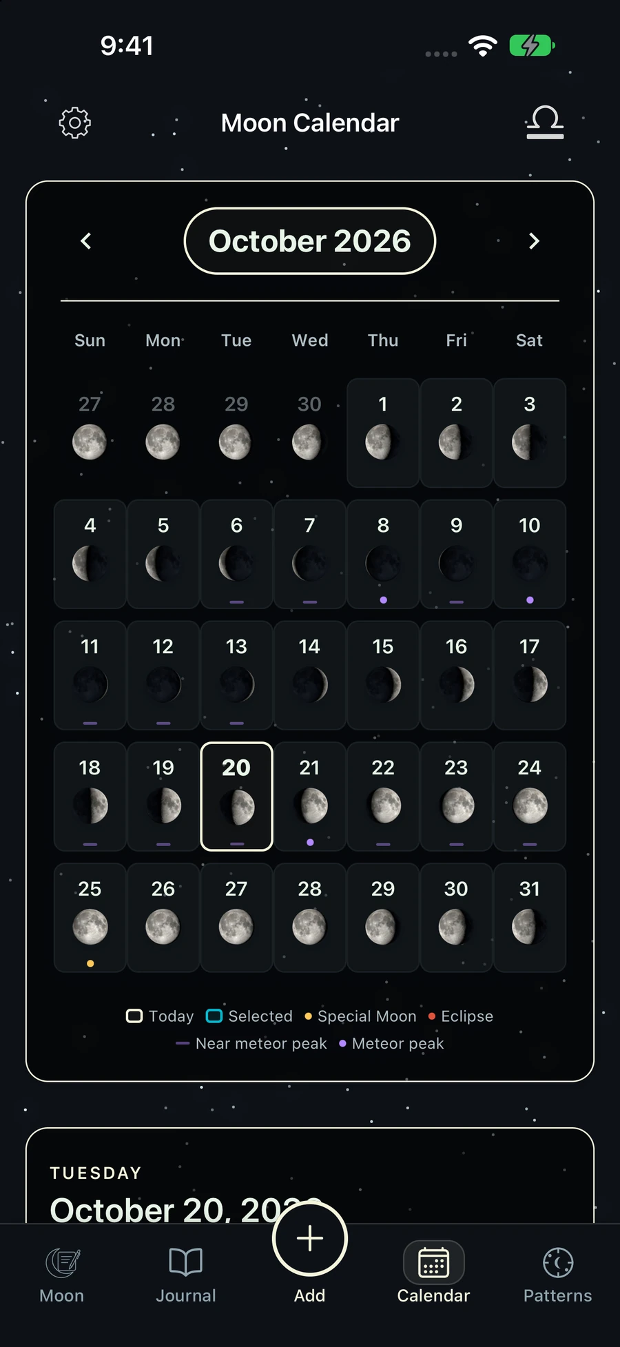 Refreshed Moon-Journal calendar with daily phases and upcoming events