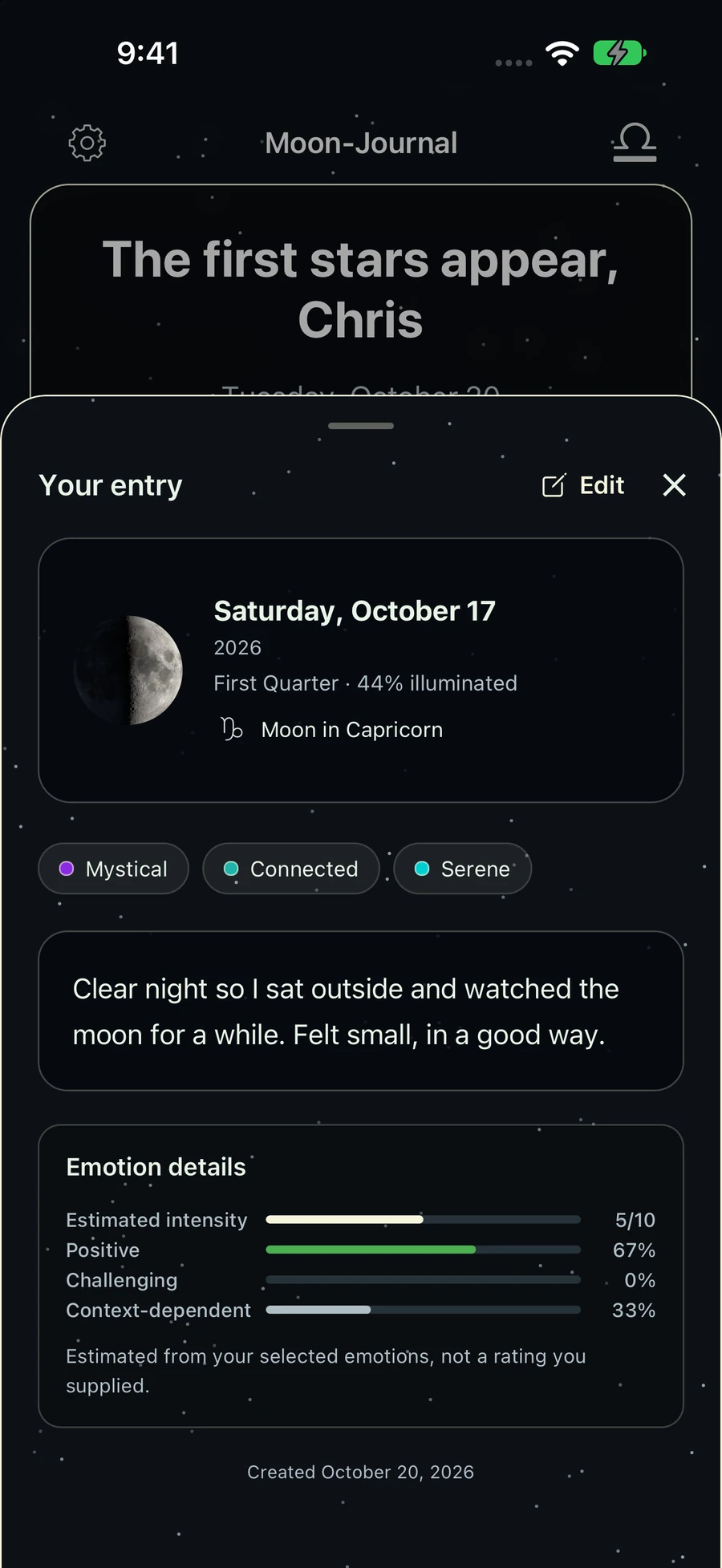A saved journal entry with recorded emotions, writing and lunar details