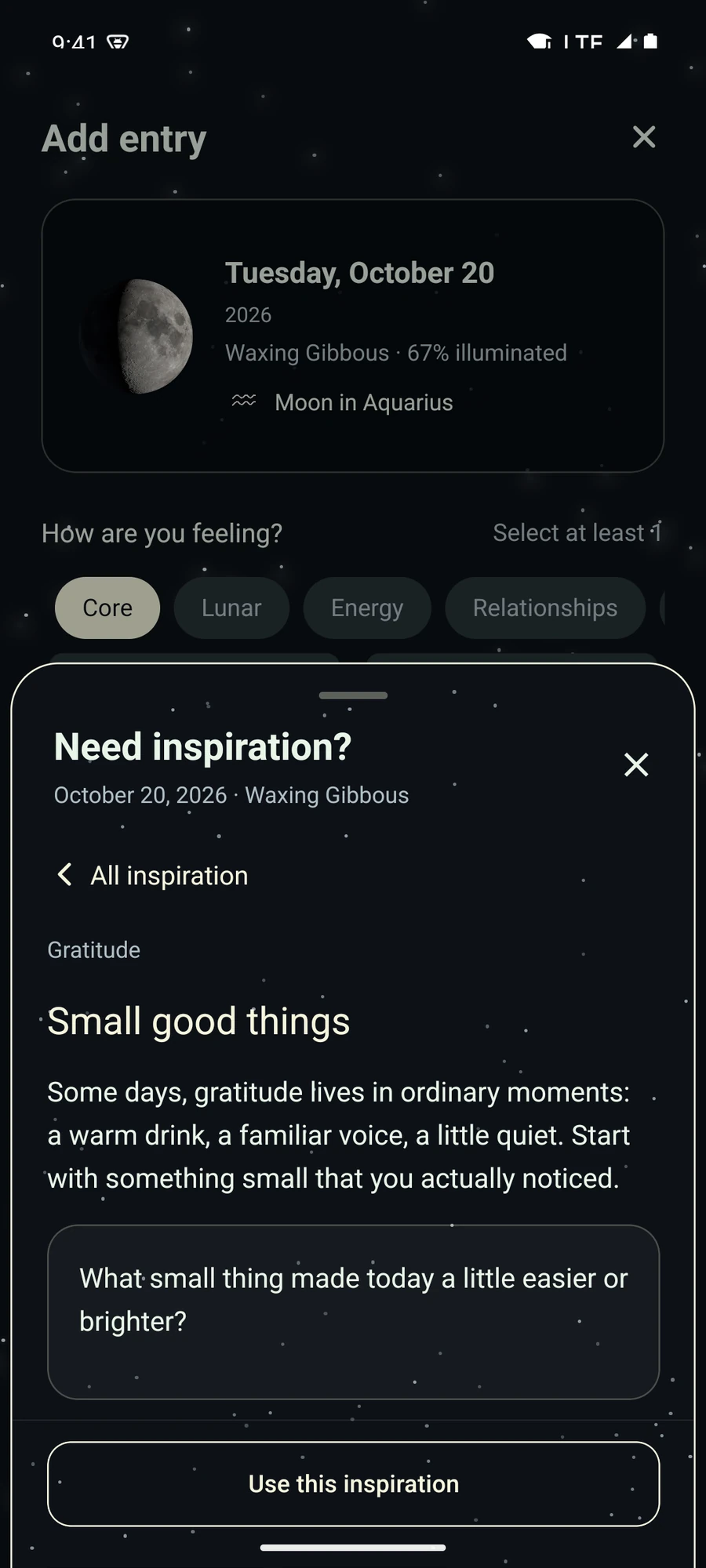 Guided gratitude reflection in Moon-Journal on Android