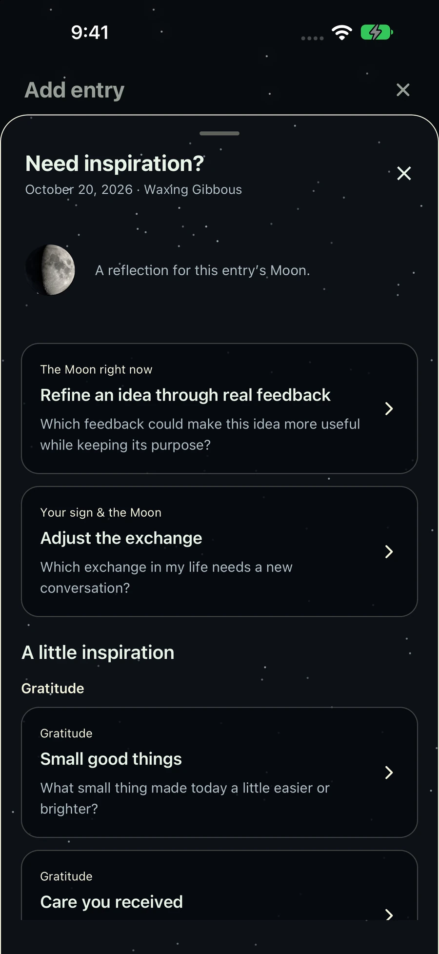 Need inspiration? library with Moon reflections and gratitude prompts on iPhone