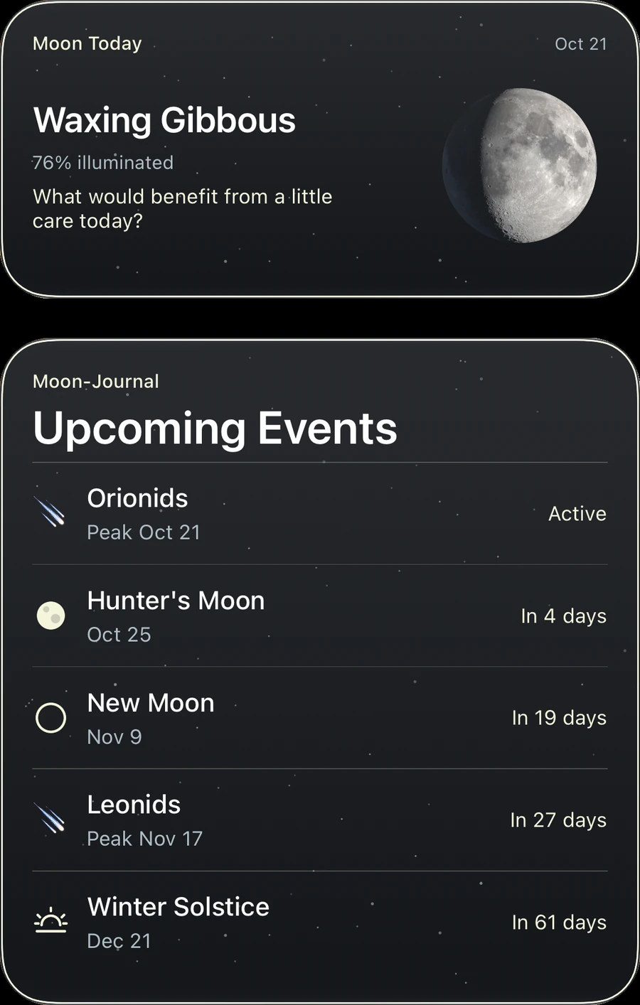 Moon-Journal Home Screen widgets showing the current Moon and upcoming sky events