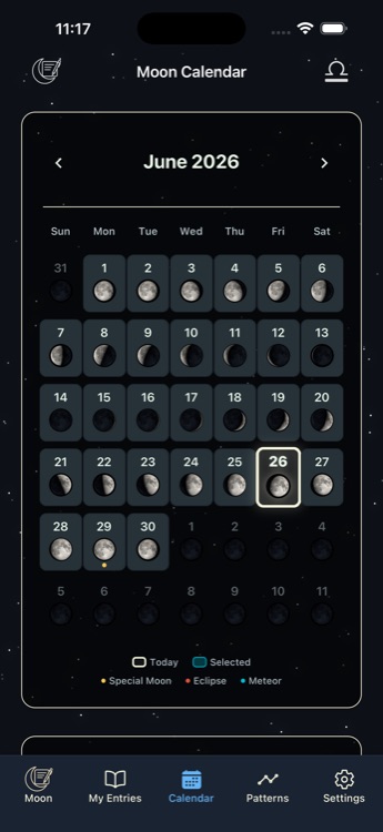 Monthly moon calendar with a phase for every day