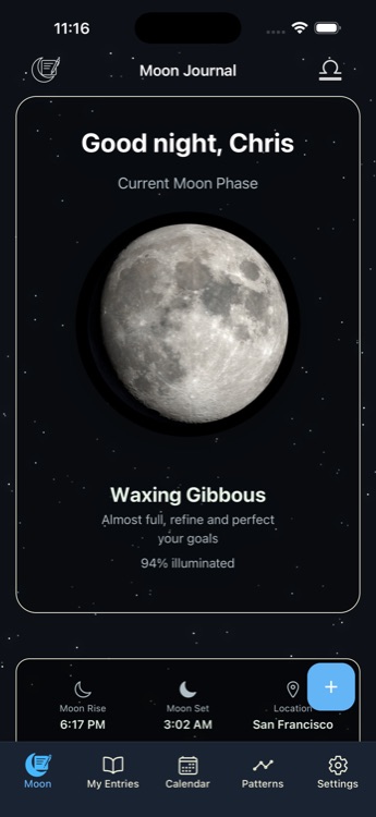 Moon Journal home dashboard showing the current moon phase